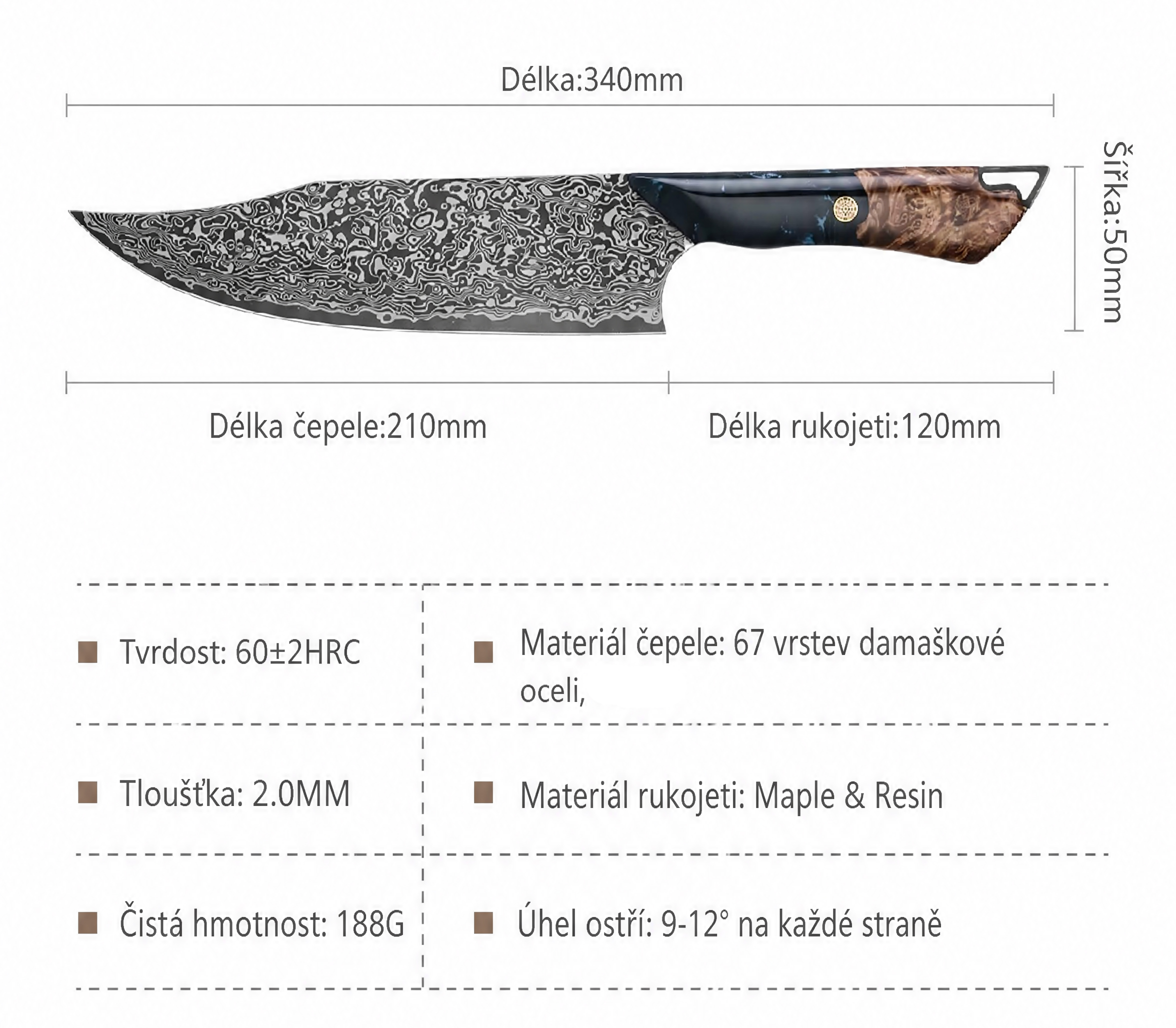 Šéfkuchařský damaškový nůž  Black Burl 10